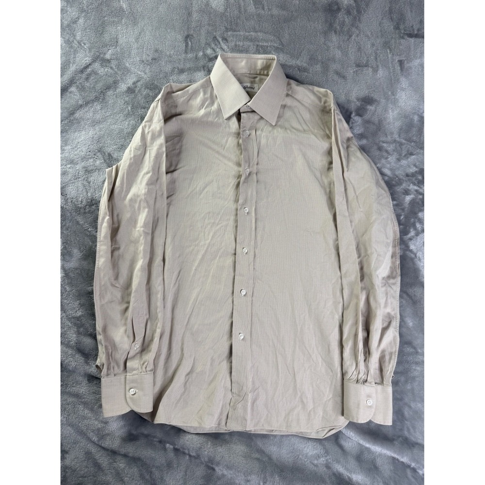 Brioni Dress Shirt Mens Size 16 L 16 Beige Tan Micro Check Long Sleeve Button Up
